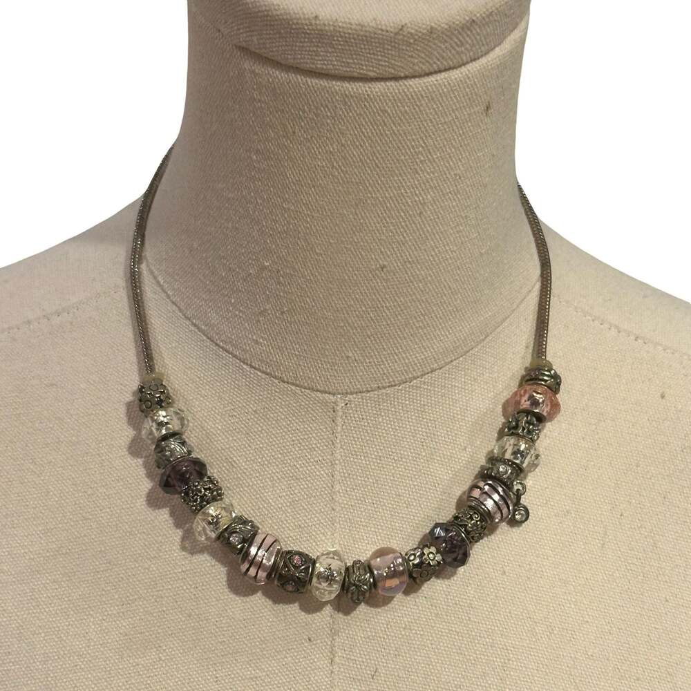 Pandora style Necklace Silver Tone Snake Chain Pink Purple Beads Flower